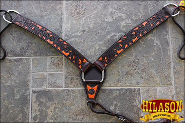 Hilason Western Horse Headstall & Breast Collar American Leather Orange Hand Paint